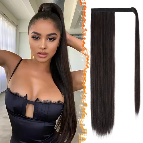 Miniatura 39 de BARSDAR Extensión de cola de caballo de 28 pulgadas largo recto envoltura alrededor del clip en pelo de fibra sintética para mujeres, negro