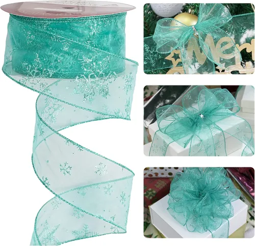 Miniatura 20 de HUIHUANG - Cinta de copo de nieve con alambre, cinta de arpillera con purpurina azul, borde de alambre, 2.5 pulgadas x 10 yardas, para decoración
