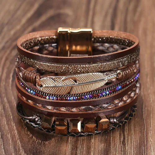 Miniatura 5 de Fesciory - Pulsera de leopardo para mujer, estilo bohemio de cuero multicapa con perlas de cristal