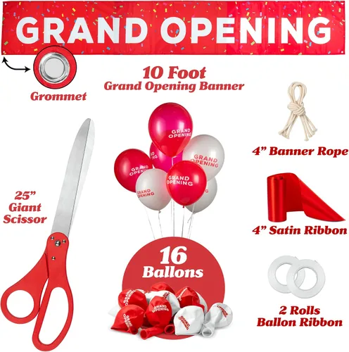 Miniatura 2 de Kit de ceremonia de corte de cinta de gran apertura, tijeras gigantes de 25 pulgadas con cinta de satén roja, pancarta, lazos, globos y más Rojo