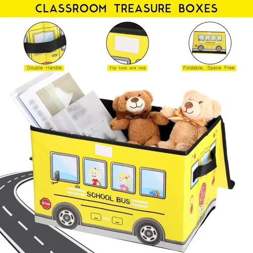 Miniatura 3 de Sweetude Caja del tesoro de autobús escolar de 2 piezas para el aula, caja plegable de almacenamiento de juguetes con tapa, organizador de tesoros
