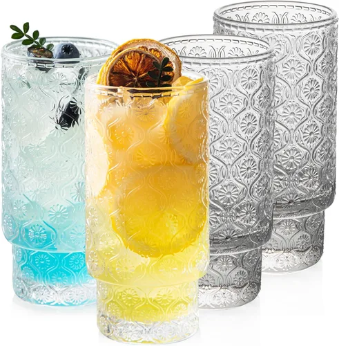 Miniatura 10 de Juego de 4 vasos para beber de 16 onzas, 2 vasos de clavo y 2 copas de agua en relieve, vasos vintage apilables con diseño de flores, vasos de 2