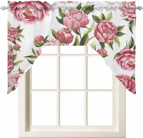 Miniatura 11 de Juego de cortinas de cocina con festón floral verde salvia, cenefa y nivel, 24 pulgadas de largo, diseño retro de flores rosa pastel, cortinas