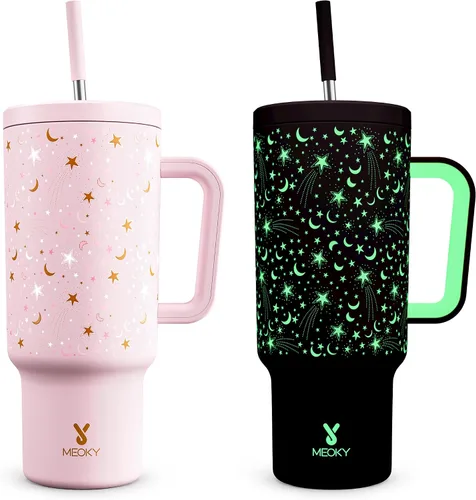 Miniatura 28 de Meoky - Vaso de 30 oz con asa, tapa y pajilla, taza de viaje térmica de acero inoxidable 100% a prueba de fugas, para portavasos, mantiene el frío