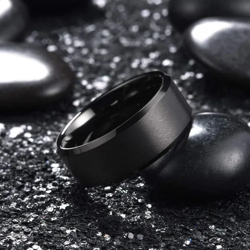 Miniatura 27 de King Will Anillo de boda de tungsteno para hombre, disponible en 15/64 a 25/64 de pulgada (6 a 10 mm), negro/plata, acabado mate, borde pulido