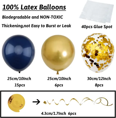 Miniatura 5 de ZERODECO Decoraciones de cumpleaños, decoraciones de fiesta azul marino y dorado con pancarta, pompones, globos para niños, niñas, hombres y mujeres