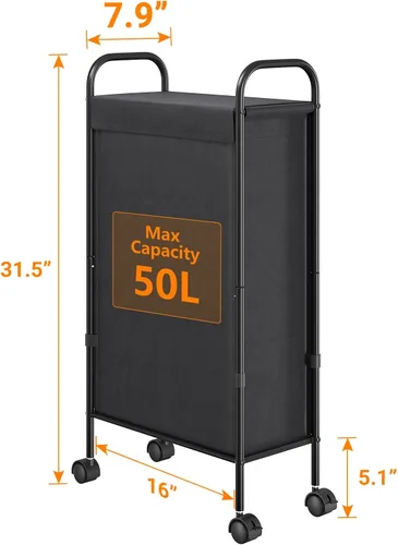 Miniatura 3 de ELYKEN Cesta de lavandería delgada con tapa, cesta de lavandería rodante pequeña de 50L con ruedas, carrito estrecho de 7.9" para ropa sucia