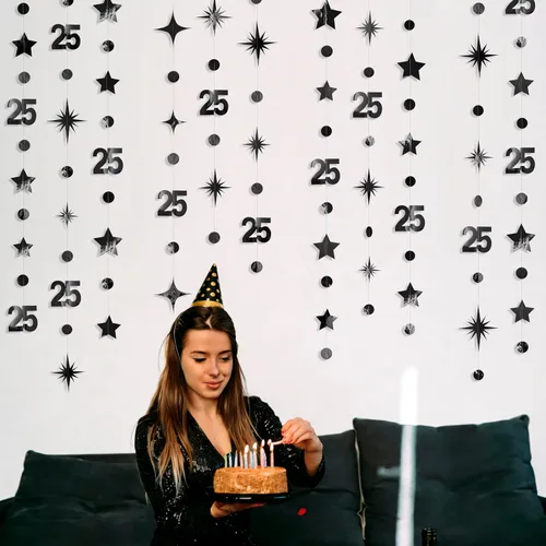 Miniatura 6 de Decoraciones negras de cumpleaños número 25 con círculos, estrellas, guirnalda de serpentina, telón de fondo para mujeres y hombres, saludos a