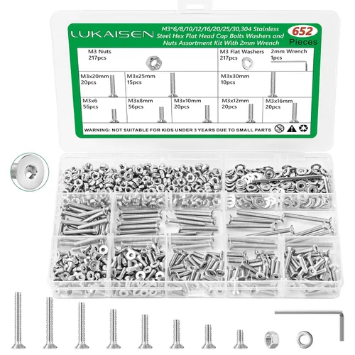 Miniatura 31 de Surtido de 1500 piezas de tornillos, tuercas y arandelas, kit de pernos y tuercas métricos M2 M3 M4 M5 M6 con cabeza hexagonal de casquillo, acero