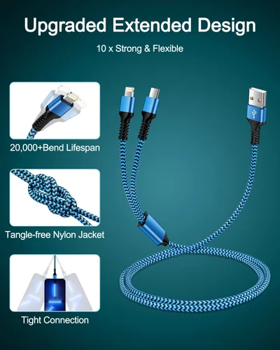 Miniatura 4 de Cable de carga múltiple 2 en 1, de 4 pies de largo, cable de carga múltiple USB a Lightning y puerto tipo C Apple y Android, cable de carga trenzado