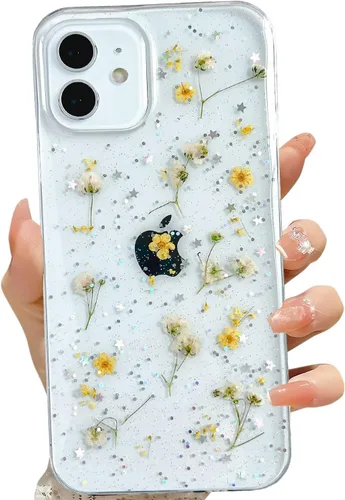 Miniatura 29 de LSEEKA Funda transparente para iPhone 13 Mini/iPhone 12 Mini con diseño de flores reales prensadas, con purpurina, bonito patrón floral blanco, Oro