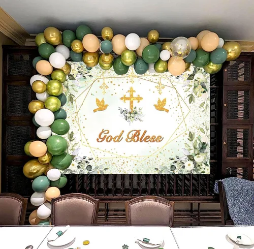 Miniatura 5 de Fondo verde y dorado para bautizo, decoración de fiesta de primera comunión, fondo de fotografía de bautizo, 7 x 5 pies (82 x 59 pulgadas)