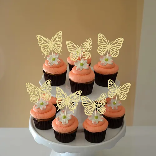 Miniatura 6 de Gyufise Paquete de 24 adornos de mariposa ensamblados con purpurina dorada, decoraciones de mariposa dorada, púas para cupcakes, bodas, 4-dorado