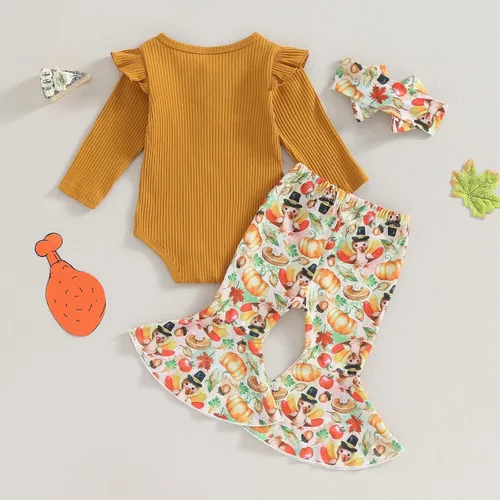 Miniatura 3 de Kuriozud Conjunto de mameluco con volantes para bebé recién nacida, con volantes, lindo conjunto de pantalones acampanados con diadema