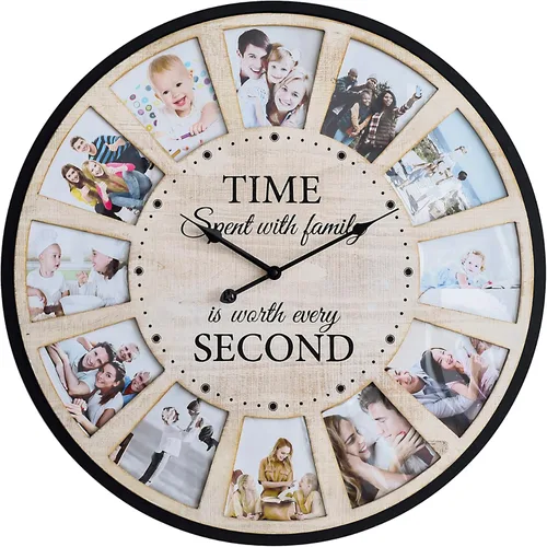 Reloj de pared de madera rústica estilo granja con collage de 12 fotos, reloj de pared grande con fotos familiares para sala de estar, hogar,