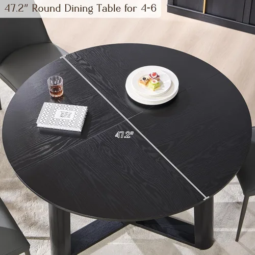 Miniatura 5 de OKD Mesa de comedor de 47 pulgadas para 4-6, mesa de comedor redonda con estructura triangular, base estable de pedestal, borde de mesa curvado