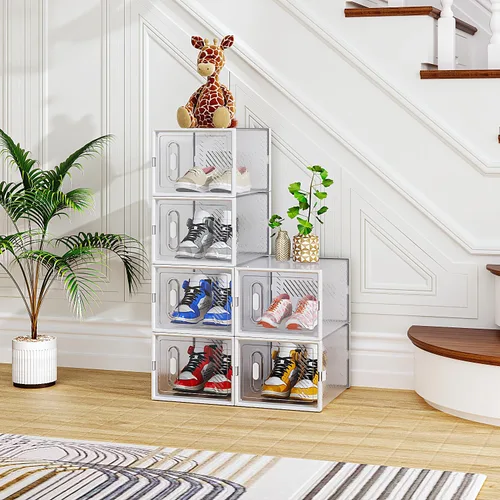 Miniatura 15 de Paquete de 6 cajas de zapatos apilables de plástico transparente, cajas organizadoras de zapatos con tapas para tenis, estuche para zapatos hasta