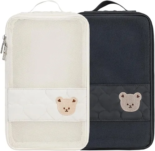 Miniatura 10 de Bolsas Organizadoras para Pañales de Bebé - Pack de 2 Bolsas Colgantes Impermeables con Diseño de Oso Lindo en Malla, Bolsas Reutilizables, Lavables