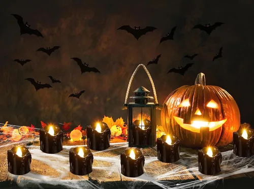 Miniatura 2 de 24 velas de decoración de Halloween para interiores, velas de té negra: velas LED sin llama, funciona con pilas, decoración de mesa con telarañas
