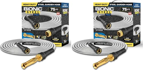 Manguera de jardín de acero inoxidable Bionic Steel de 75 pies | Ultra duradera | Sin torceduras | Con accesorios de latón | Paquete de 2