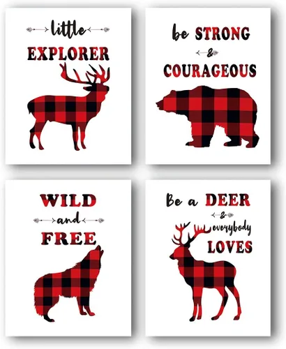 TANXM 4 piezas de arte de pared de bosque a cuadros rojos y negros, impresiones de citas de aventuras salvajes con ciervo, oso lobo, decoración