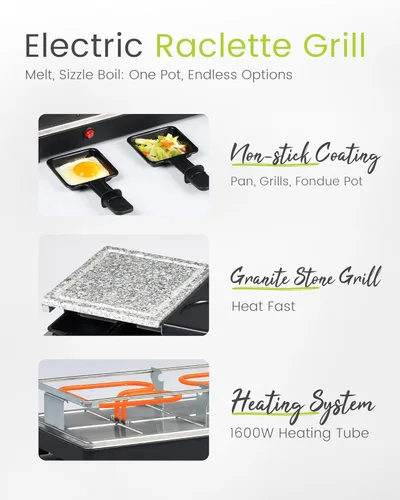 Miniatura 4 de Parrilla de Mesa Raclette - Parrilla Eléctrica Interior con Plancha - Antiadherente Extra Grande Reversible 4 en 1 para Exteriores Apta