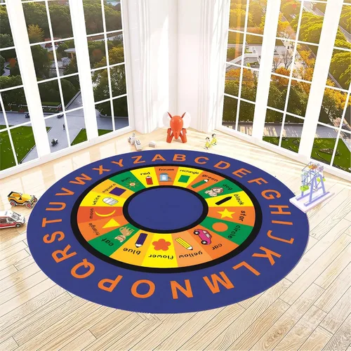 Miniatura 14 de Alfombra redonda para sala de juegos para niños, 3 pies, con letras coloridas del número ABC, alfombra de preescolar para guardería, aula, alfombra