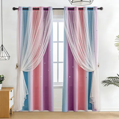Miniatura 22 de Anytime - Cortinas románticas para niños, cortina de ventana con estrellas recortadas, cortinas opacas de doble capa para dormitorio de niñas, Azul