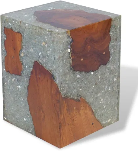 Miniatura 4 de Taburete de madera maciza de teca y resina, taburete de tocón de árbol con borde vivo, mesa auxiliar de borde natural, soporte para plantas, mesita