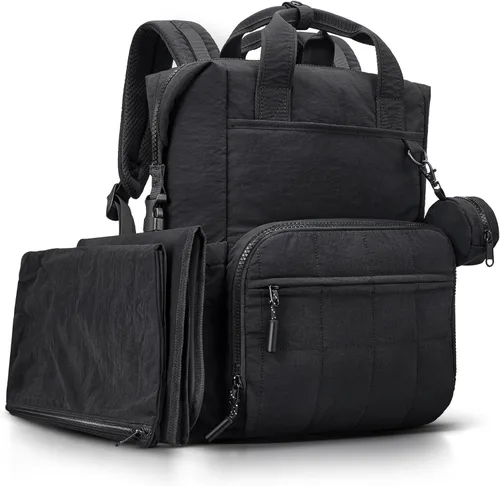 VONAL Mochila para pañales, bolsas ligeras para pañales para bebé, bolsa de pañales grande de viaje con cambiador, mochila de pañales negra para