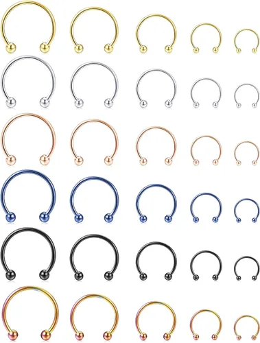 Miniatura 2 de ORAZIO 30 anillos de herradura de acero inoxidable para tabique nasal, calibre 16G, para cartílago, tragus, hélice, ceja, labio, labio, pezón