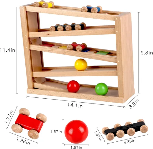 Miniatura 7 de Qilay Juguete de carreras de madera para niños pequeños, juego de rampa de coche de carreras de 5 niveles incluye 4 autos de madera y 3 pelotas