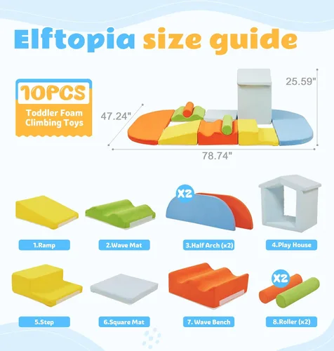 Miniatura 2 de Elftopia Bloques de escalada de espuma de 10 piezas con rampa y escaleras para niños pequeños, juego de gimnasio suave, juguetes de escalada