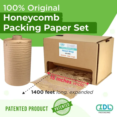 Miniatura 2 de IDL Packaging Juego de papel de embalaje de panal, marrón, rollo de papel kraft HexcelWrap de 15 pulgadas x 1400 pies en caja autodispensada + 1