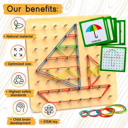 Miniatura 2 de Panda Brothers Tablero geométrico de madera - Juguetes Montessori para niños de 3, 4 y 5 años y niños pequeños, juguete educativo con 30 tarjetas