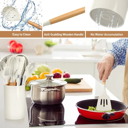 Miniatura 5 de LIANYU Juego de 15 utensilios de cocina de silicona con soporte, juego de utensilios de cocina antiadherentes, resistentes al calor y no tóxicos