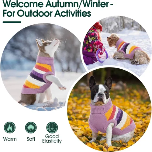 Miniatura 7 de Kuoser Suéter grande para perro, suéteres de punto de cuello alto para perros grandes, rayas coloridas, chaleco de punto para mascotas, ropa cálida