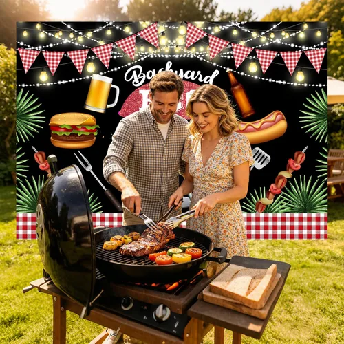 Miniatura 4 de Telón de fondo de picnic de verano de 5 x 3 pies, decoración de fiesta de barbacoa, fondo de fotos, día de la familia del amigo, al aire libre
