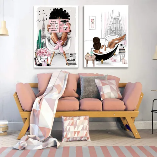 Miniatura 2 de 2 piezas enmarcadas de arte de pared afroamericano moderno París rosa blanco afro negro niñas mujeres lienzo decoración pared cuadros cuadros