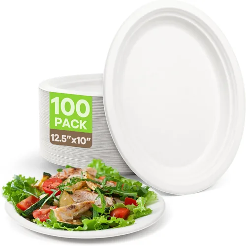 Platos de Papel Ovalados Desechables, Paquete de 100 de 12.5 pulgadas Biodegradables Grandes, Bandejas de Bagazo Compostables de Servicio Pesado