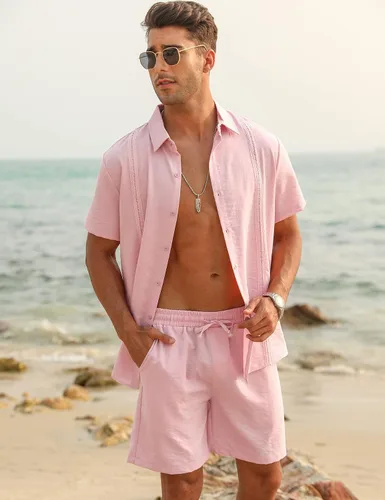 Miniatura 3 de LecGee Conjunto corto casual de verano para hombre, camisa cubana de lino de manga corta, pantalones cortos con cordón en la cintura, trajes