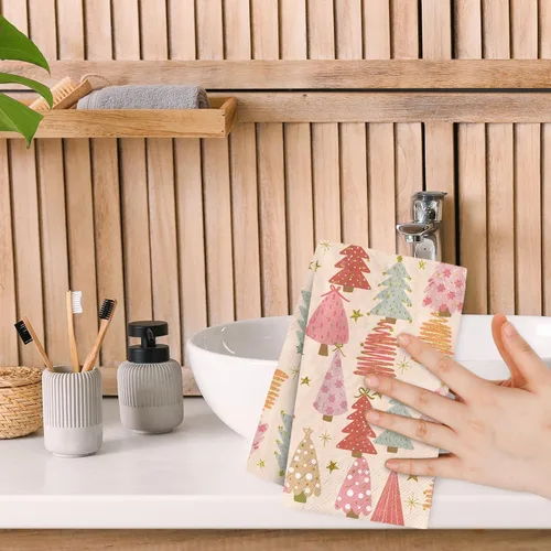 Miniatura 7 de Paquete de 100 servilletas de papel desechables estilo bohemio con árbol de Navidad rosa, servilletas de mano para el hogar, cocina, baño, 13 x 15.7