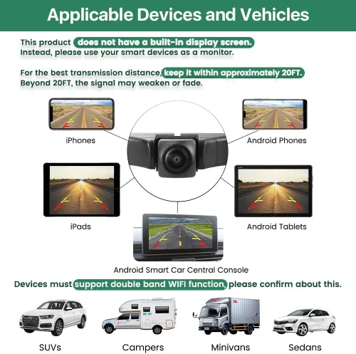 Miniatura 2 de Cámara de respaldo WiFi para auto, GreenYi 5G 720P HD para matrícula trasera/vista frontal reversa para iPhone iPad Android teléfonos inteligentes