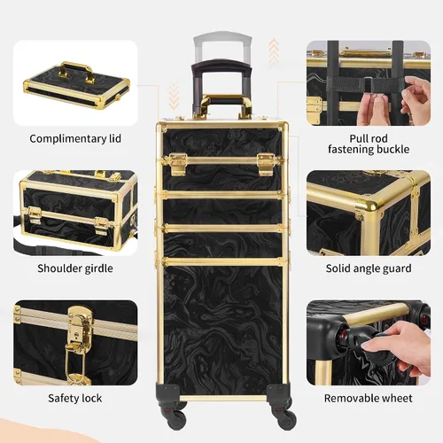 Miniatura 4 de Somduy estuche rodante de maquillaje, estuche de maquillaje con tapa, estuche de cosmetología 5 en 1 con ruedas, regalo de Navidad, organizadores