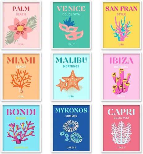 Whaline 9 piezas de decoración de viaje preppy colorido preppy lienzo impresiones artísticas abstractas estéticas decoración de habitación póster de