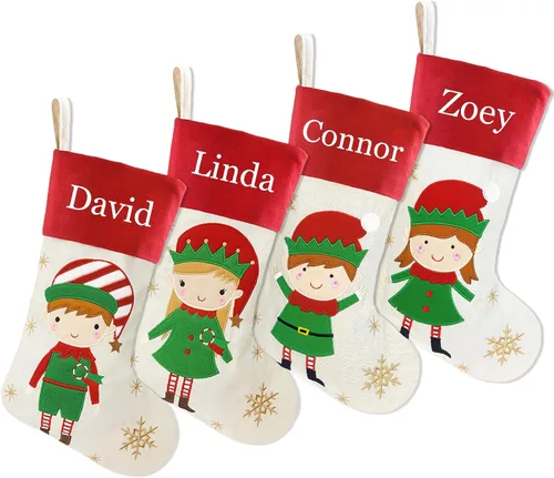 Miniatura 28 de Juego de 3, medias de Navidad personalizadas de 18 pulgadas con tecnología de bordado, diseños de Papá Noel, muñeco de nieve y renos para decoración