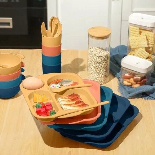 Miniatura 5 de Juego de vajilla de paja de trigo de 24 piezas para adultos que incluye platos divididos, tazón apto para microondas y lavavajillas, vajilla Bright