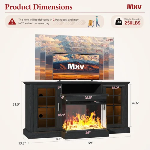Miniatura 6 de MXV - Soporte de chimenea para TV de 59 pulgadas, centro de entretenimiento estilo granja con soporte de TV de 3 lados de vidrio, consola multimedia