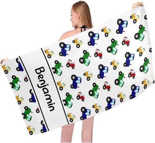 Miniatura 7 de Toalla de playa personalizada con patrón de tractores verdes con alfombrilla de nombre de 30 x 60 pulgadas, manta grande de piscina para mujeres