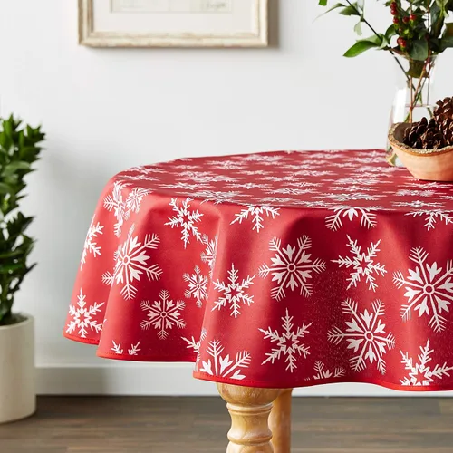 Miniatura 5 de Violet Linen Manteles rojos decorativos con diseño de copos de nieve navideños - 60" redondos